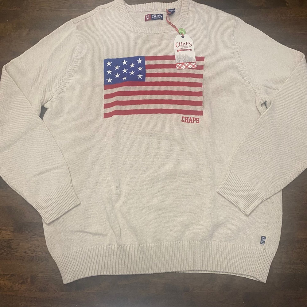 Chaps Mens American Flag Sweater Oatmeal Heather Patriotic Knit XXL NWT